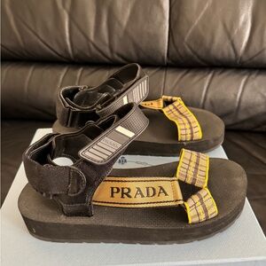 Prada Black and Yellow womens Logo Strap Sandals